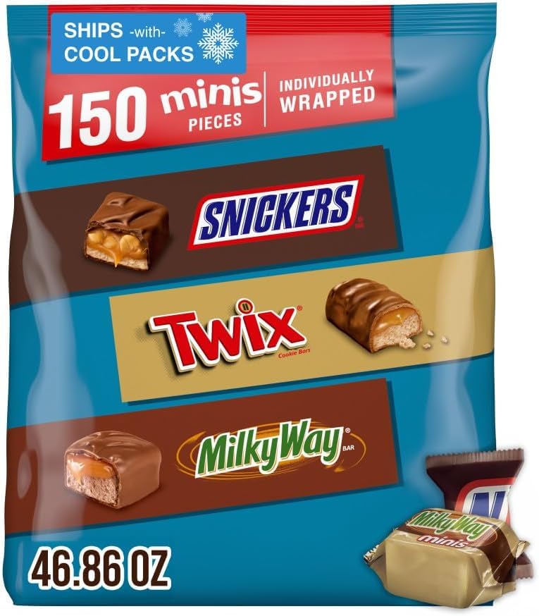 SNICKERS, TWIX, & MILKY WAY Minis Chocolate Candy Bars Variety Pack, 150 Ct Bulk Bag