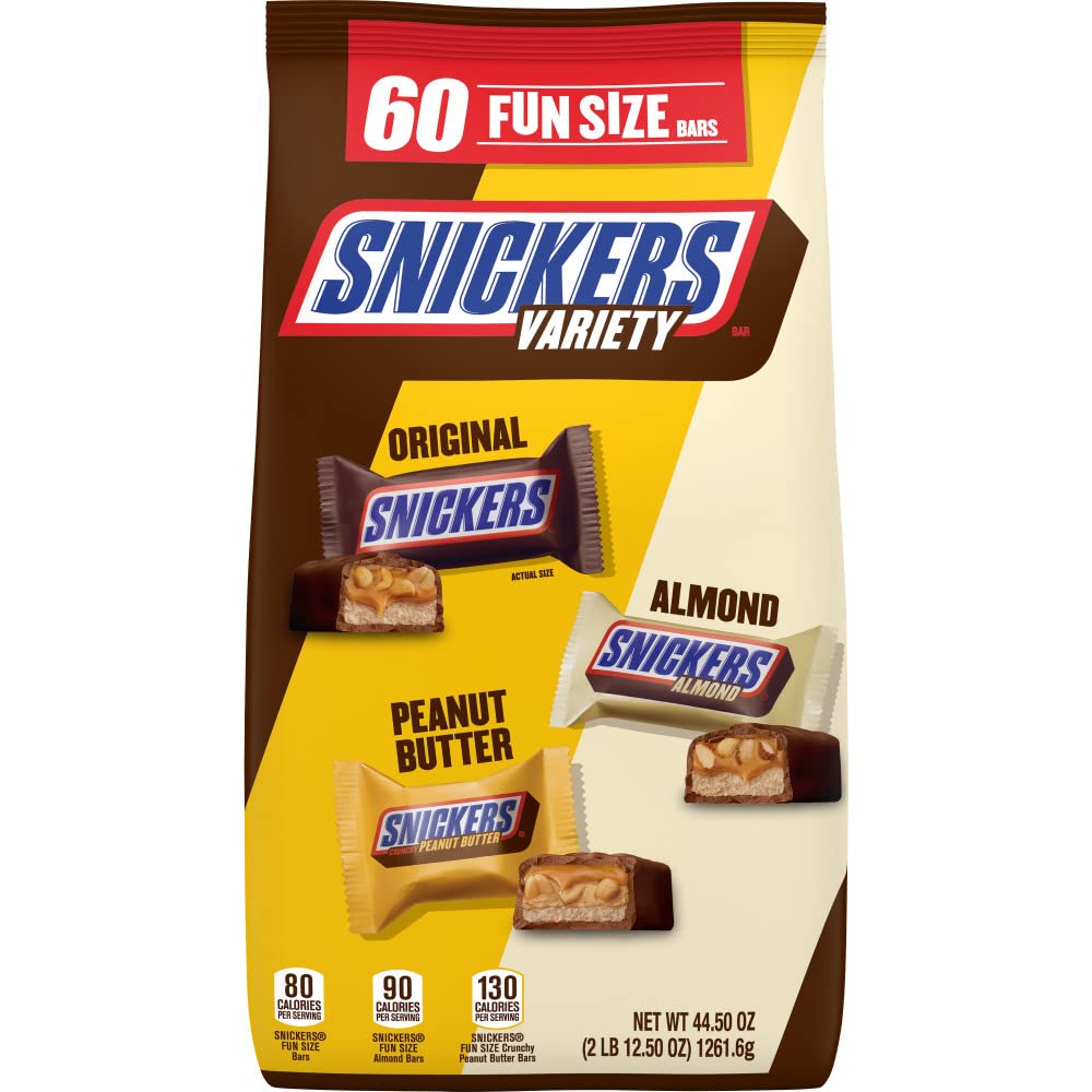 SNICKERS Original, Peanut Butter & Almond Bulk Variety Pack Fun Size Chocolate Candy Bar Assortment, 44.5 oz, 60 Pieces Bag