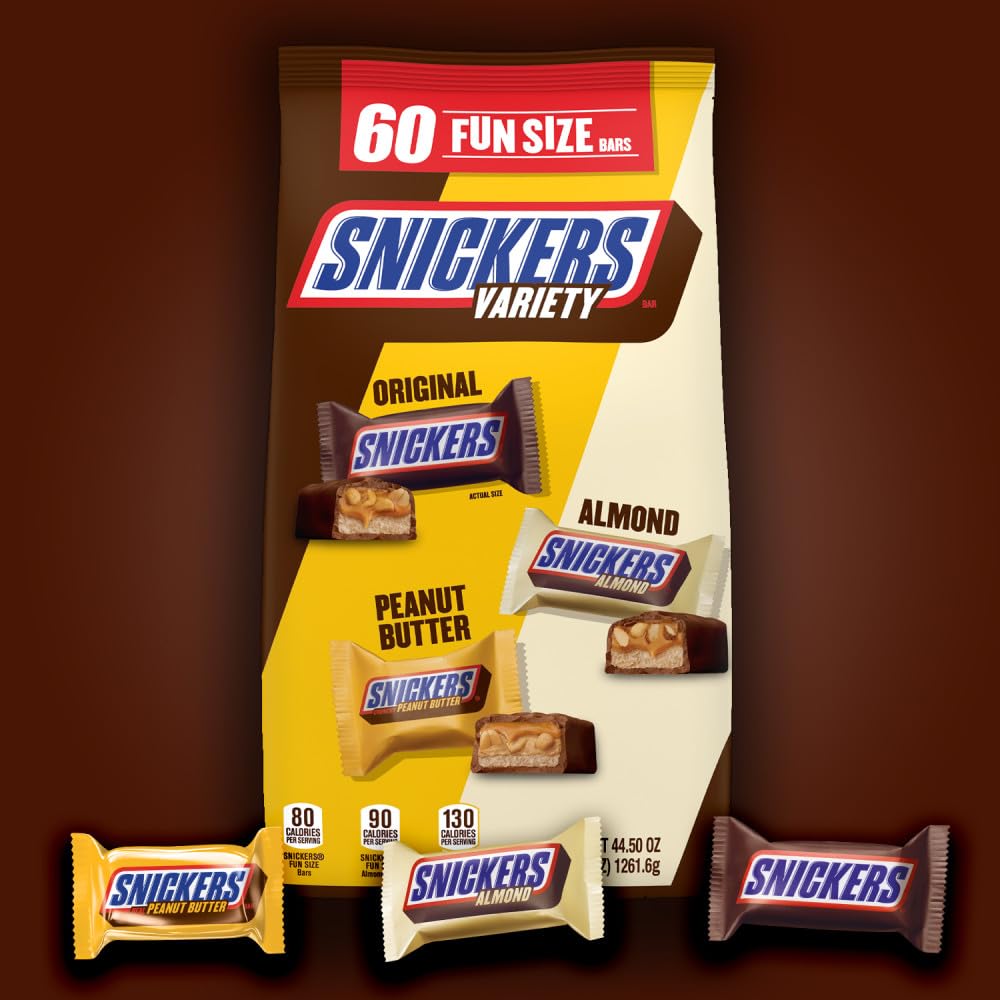 SNICKERS Original, Peanut Butter & Almond Bulk Variety Pack Fun Size Chocolate Candy Bar Assortment, 44.5 oz, 60 Pieces Bag