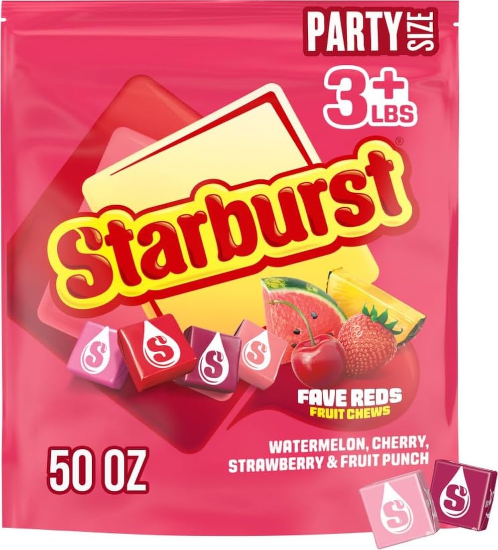 STARBURST FaveREDS Chewy Fruit Chews, Bulk, Wrapped, Party Size, 50 oz | Soft juicy red fruit chews individually wrapped, a bulk fit for party favors, sharing, road trips, lunch box, sour candy