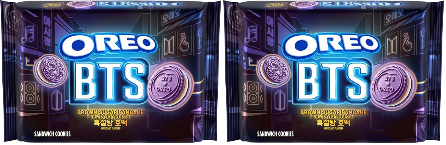 OREO BTS Sandwich Cookies, Limited Edition, 10.68 oz. | Brown Sugar Pancake Flavor Creme, Purple Wafer Cookies, 13 unique BTS-selected Designs