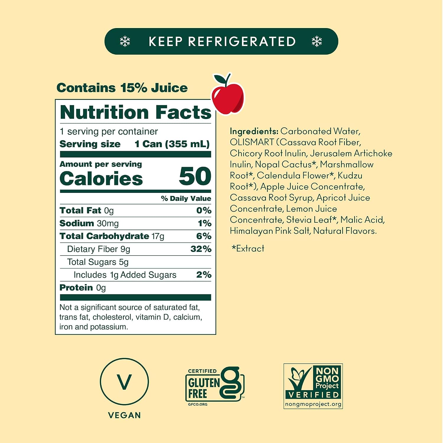 OLIPOP 9g Fiber Prebiotic Soda, Crisp Apple, 12 fl oz, 12 Pack | Refrigerated Prebiotic Soda, 9g Fiber, 5g Sugar, Digestive Health Support, Prebiotics & Botanicals, Gluten Free, Non GMO