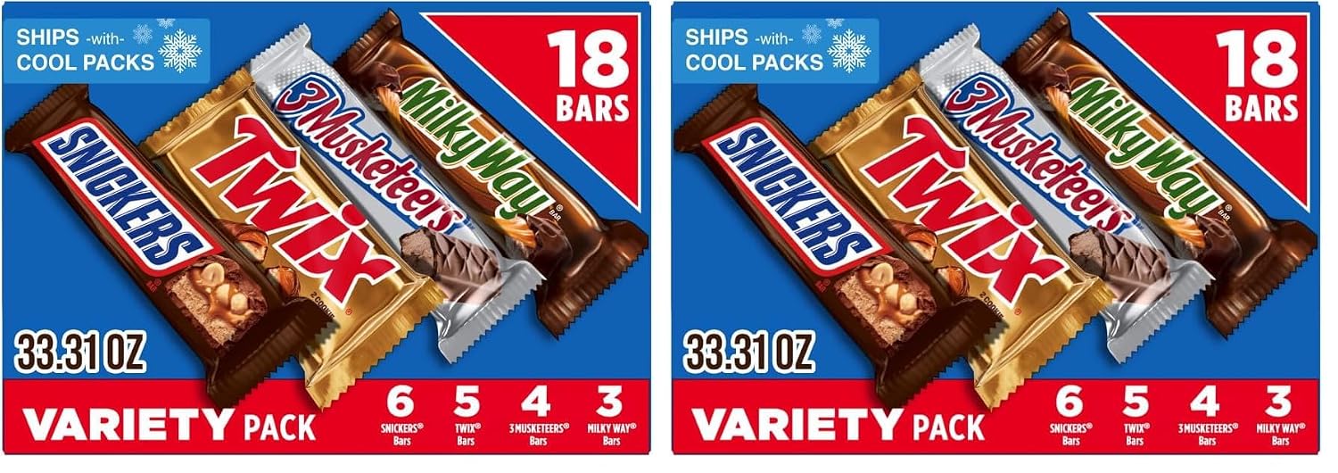 SNICKERS, TWIX, 3 MUSKETEERS, MILKY WAY Full Size Back to School Chocolate Bar Variety Pack, 18 ct Bulk Candy Box