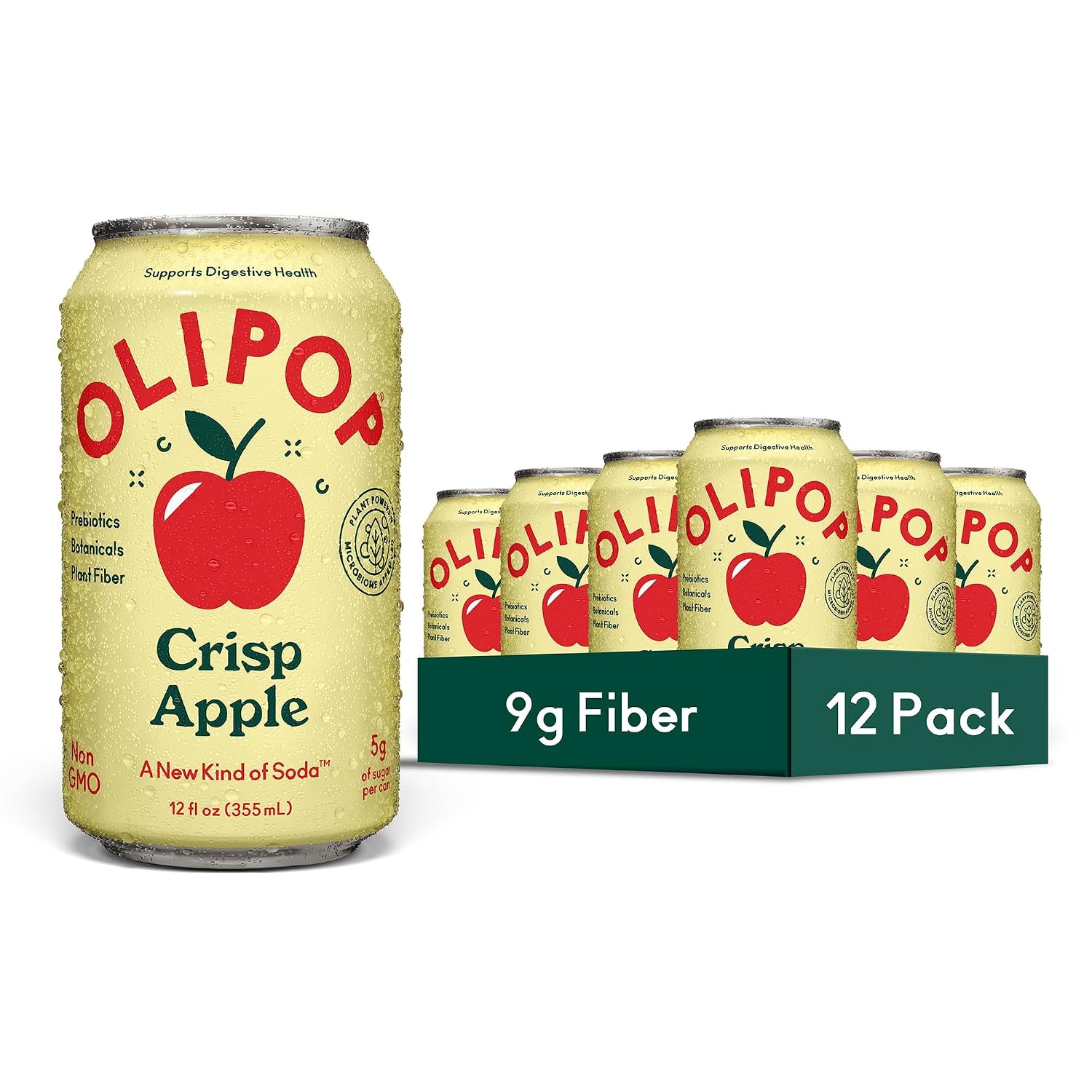OLIPOP 9g Fiber Prebiotic Soda, Crisp Apple, 12 fl oz, 12 Pack | Refrigerated Prebiotic Soda, 9g Fiber, 5g Sugar, Digestive Health Support, Prebiotics & Botanicals, Gluten Free, Non GMO