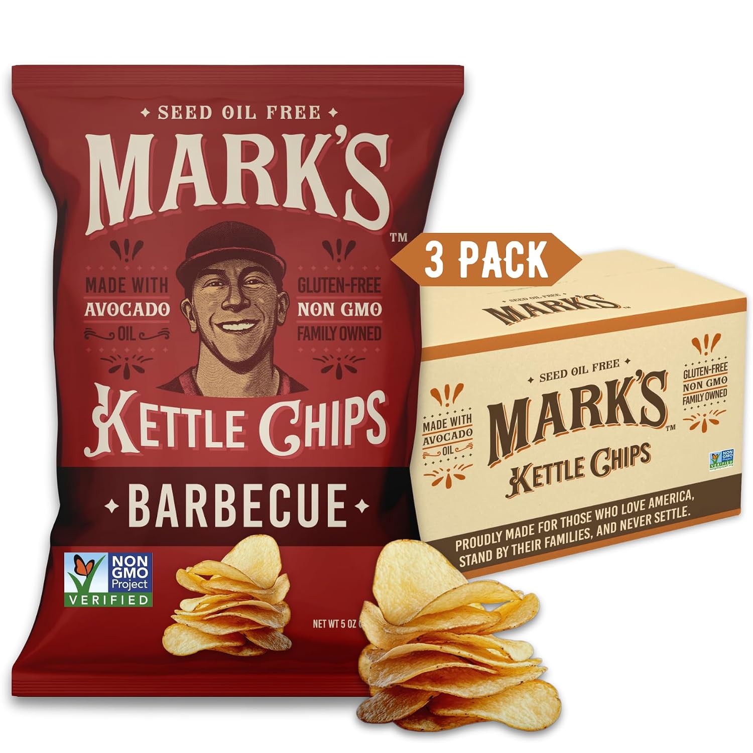 MARK’S Kettle Cooked Avocado Oil Potato Chips, BBQ – Gluten Free and Seed Oil Free | Barbecue, 5 oz (Pack of 3) | Non-GMO, Chips for Clean & Healthy Snacking
