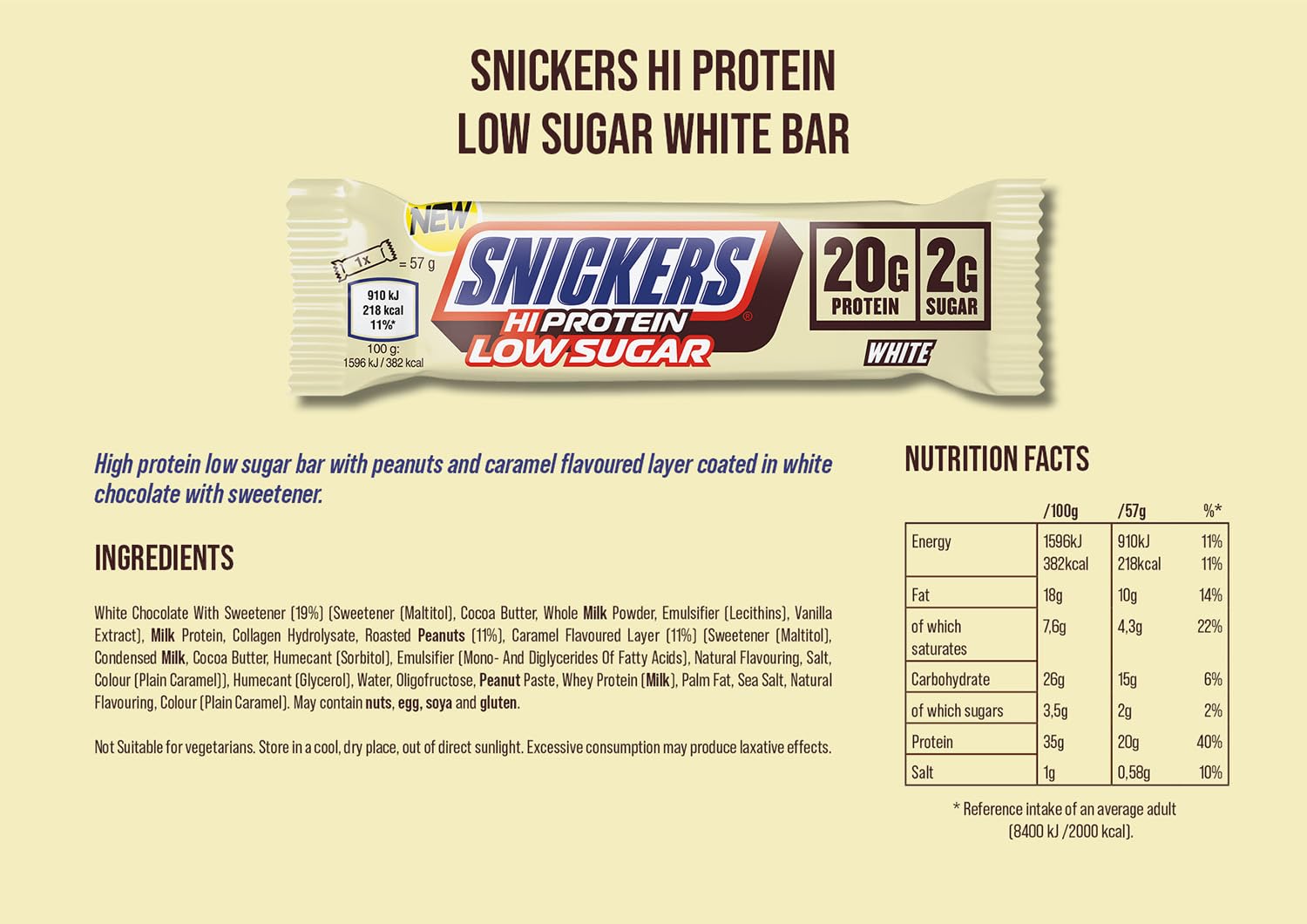 Snickers Bars - Low Sugar High Protein Bars- White Chocolate - 12x57g,12 Count (Pack of 1)