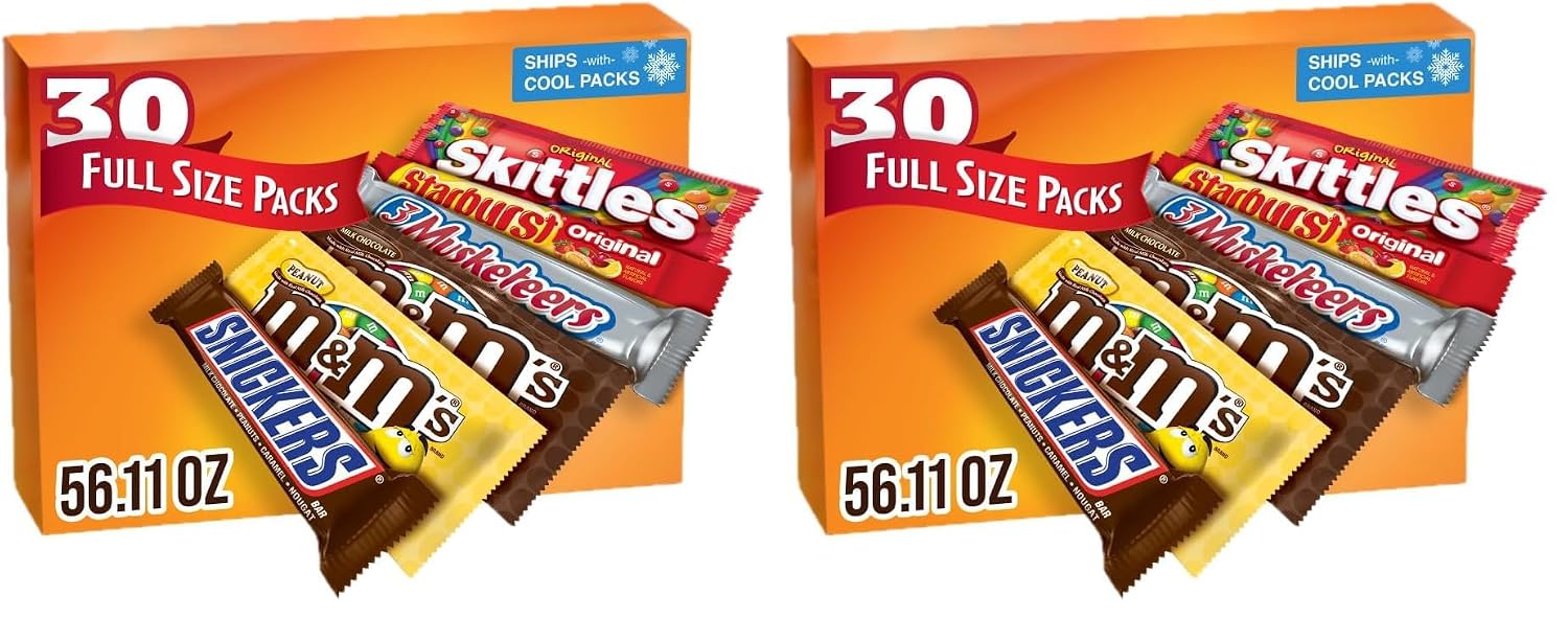 M&M'S, SNICKERS, 3 MUSKETEERS, SKITTLES & STARBURST Variety Pack Full Size Bulk Candy Assortment, 56.11 oz, 30 Bars
