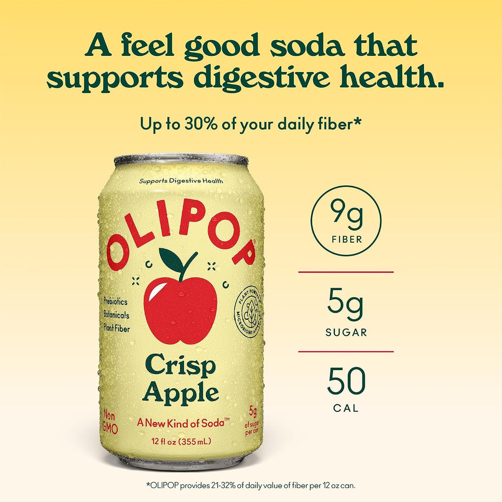 OLIPOP 9g Fiber Prebiotic Soda, Crisp Apple, 12 fl oz, 12 Pack | Refrigerated Prebiotic Soda, 9g Fiber, 5g Sugar, Digestive Health Support, Prebiotics & Botanicals, Gluten Free, Non GMO