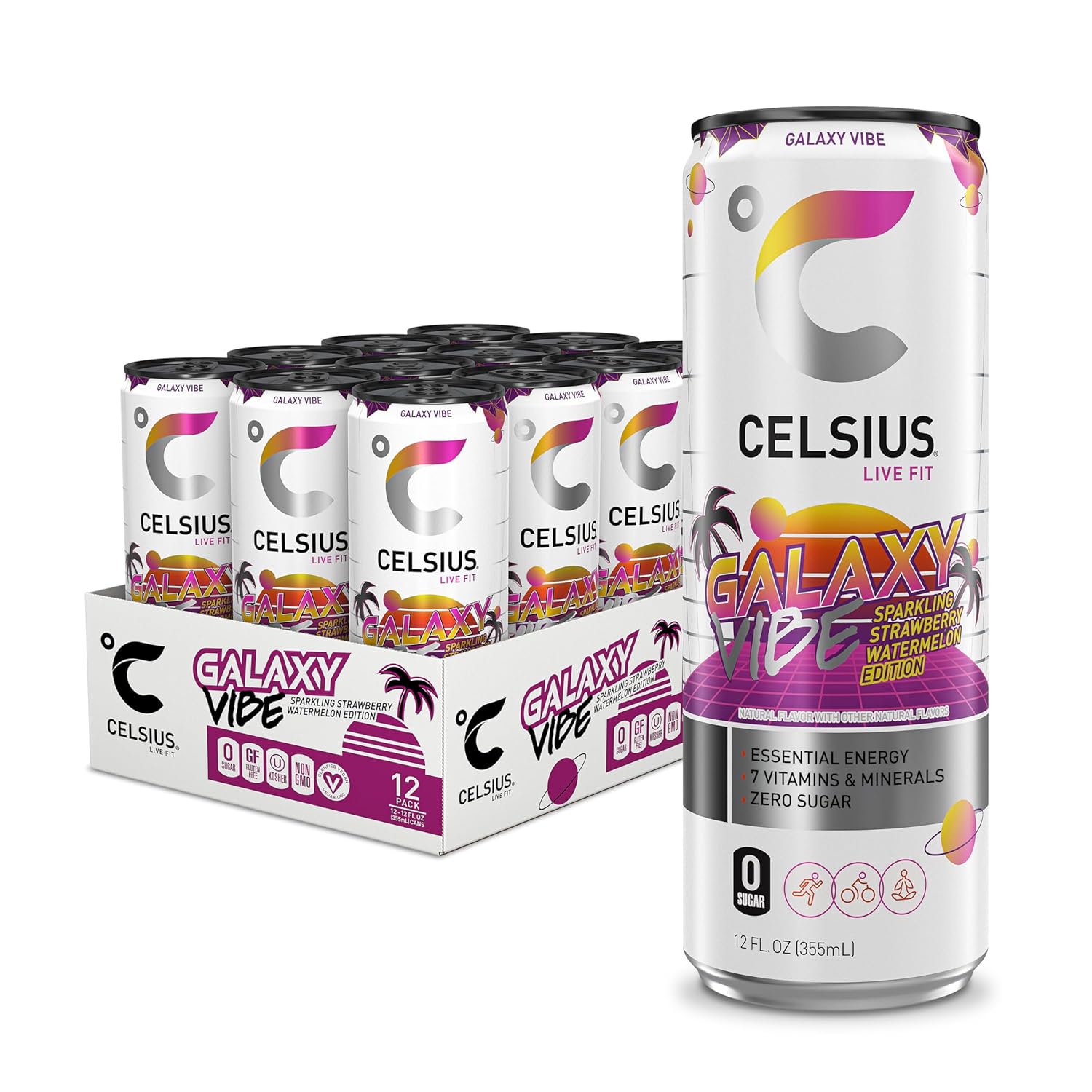 CELSIUS GALAXY VIBE Sparkling Strawberry Watermelon, Sugar Free Energy Drink, 12 Fl Oz (Pack of 12)