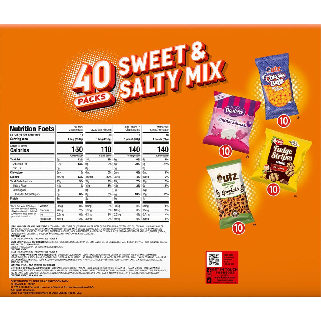 Sweet & Salty Mix Snack Box Variety Pack Individually Wrapped Snacks, 10 Keebler Fudge Stripes Minis, 10 Mother's Animal Circus Cookies, 10 Utz Cheese Balls, 10 Utz Pretzels Minis, 1 Oz. (Pack of 40)