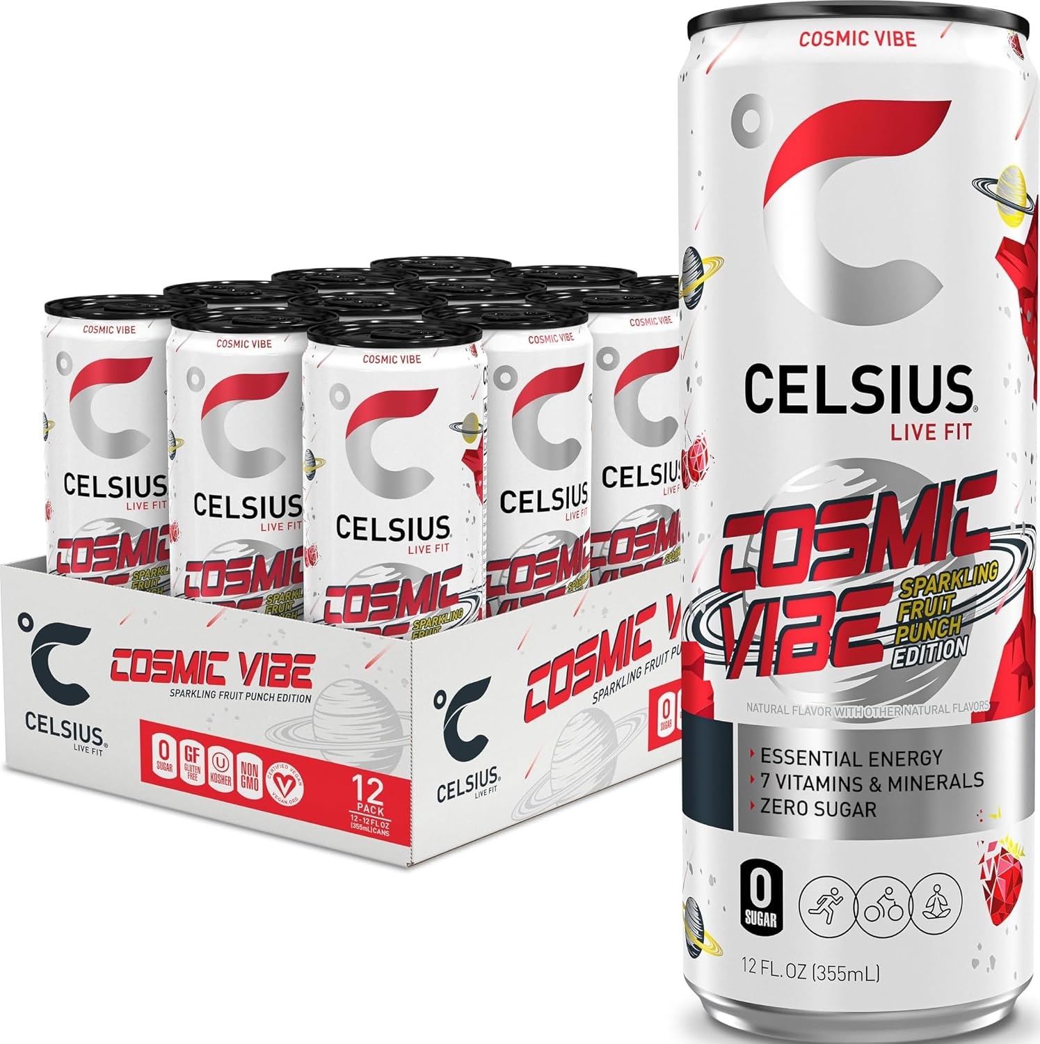CELSIUS GALAXY VIBE Sparkling Strawberry Watermelon, Sugar Free Energy Drink, 12 Fl Oz (Pack of 12)