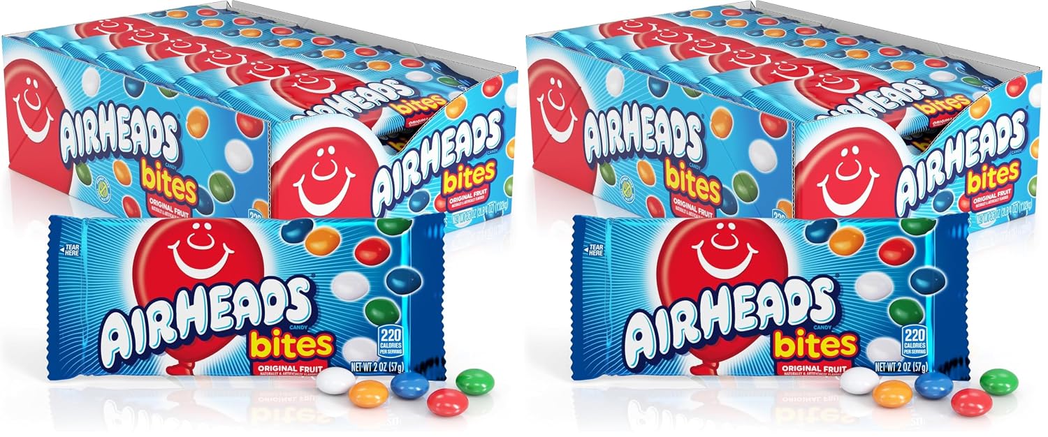 Airheads Candy Bites, Assorted Fruit Flavors, 2 Ounces (18-Pack) | Individually Wrapped Bulk Candy, Chewy Candy Bags