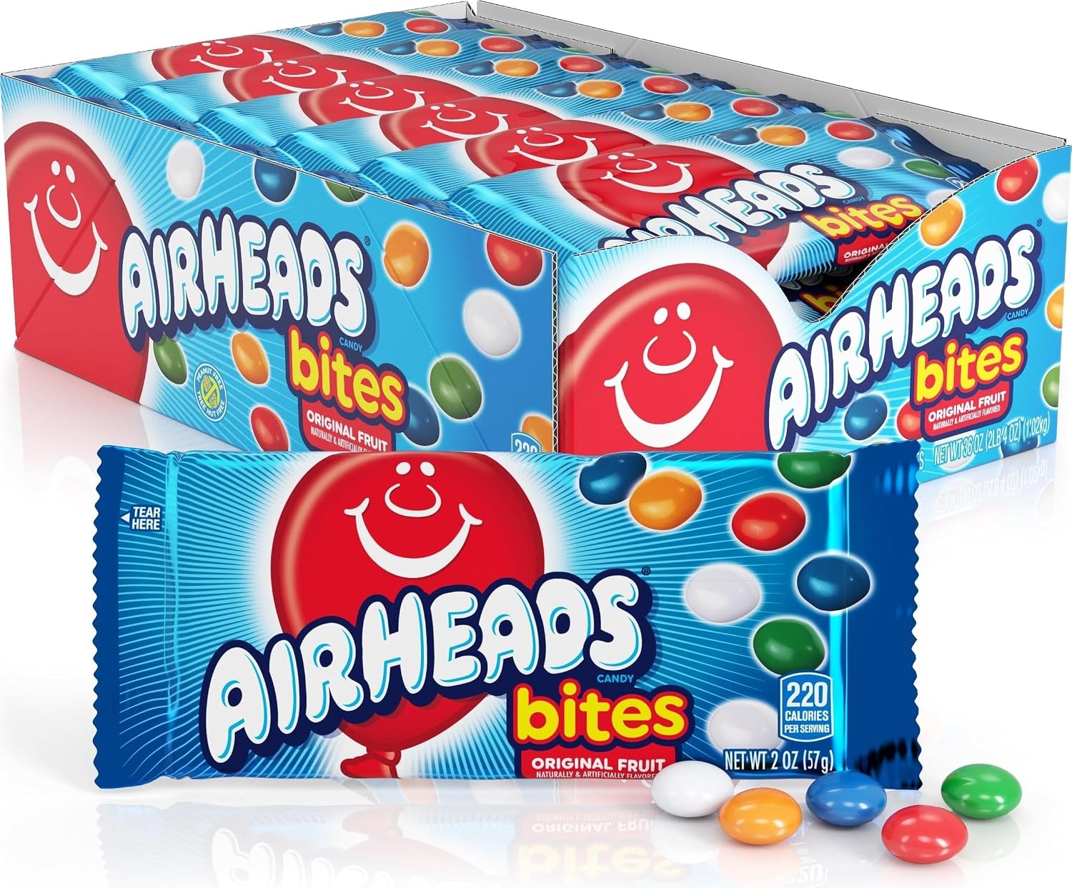Airheads Candy Bites, Assorted Fruit Flavors, 2 Ounces (18-Pack) | Individually Wrapped Bulk Candy, Chewy Candy Bags