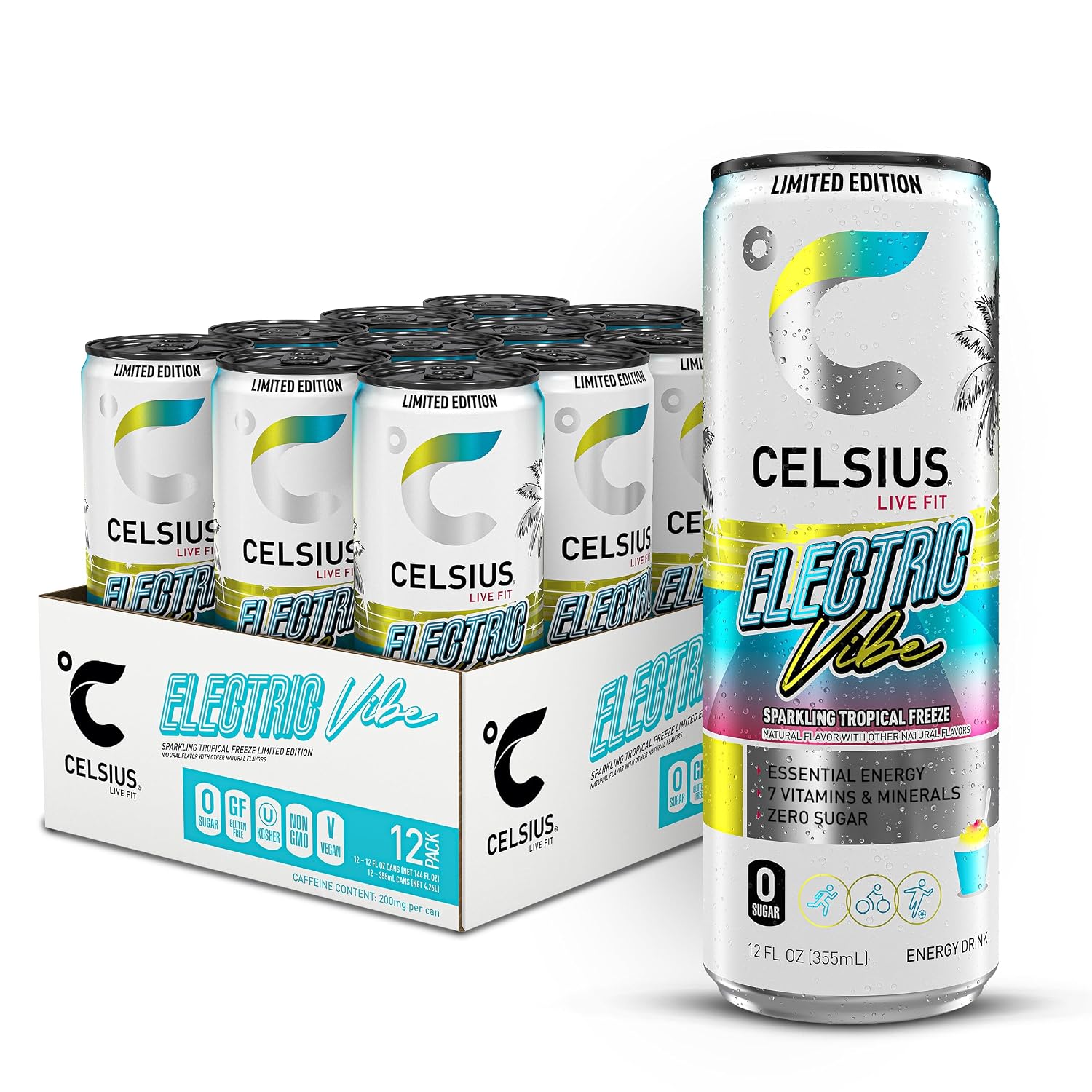 CELSIUS GALAXY VIBE Sparkling Strawberry Watermelon, Sugar Free Energy Drink, 12 Fl Oz (Pack of 12)