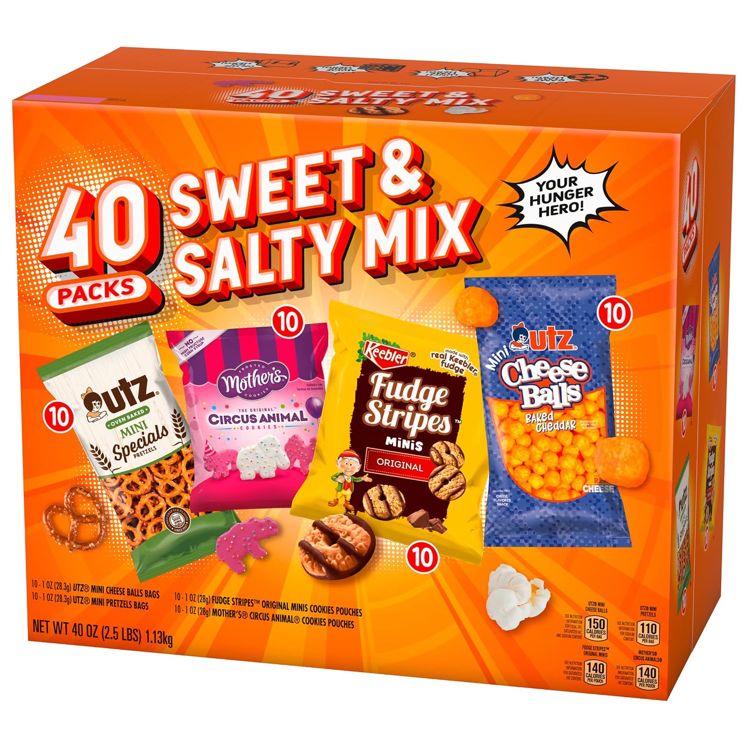 Sweet & Salty Mix Snack Box Variety Pack Individually Wrapped Snacks, 10 Keebler Fudge Stripes Minis, 10 Mother's Animal Circus Cookies, 10 Utz Cheese Balls, 10 Utz Pretzels Minis, 1 Oz. (Pack of 40)