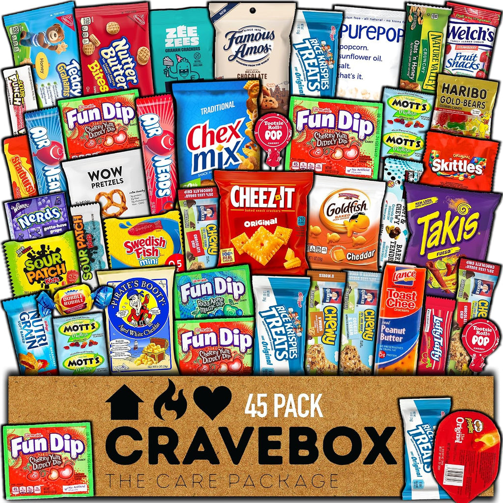 CRAVEBOX Snacks Box Variety Pack Care Package (45 Count) Summer Treats Gift Basket Adults Kids Grandkids Guys Girls Women Men Boyfriend Birthday Cookies Chips College Student Office School