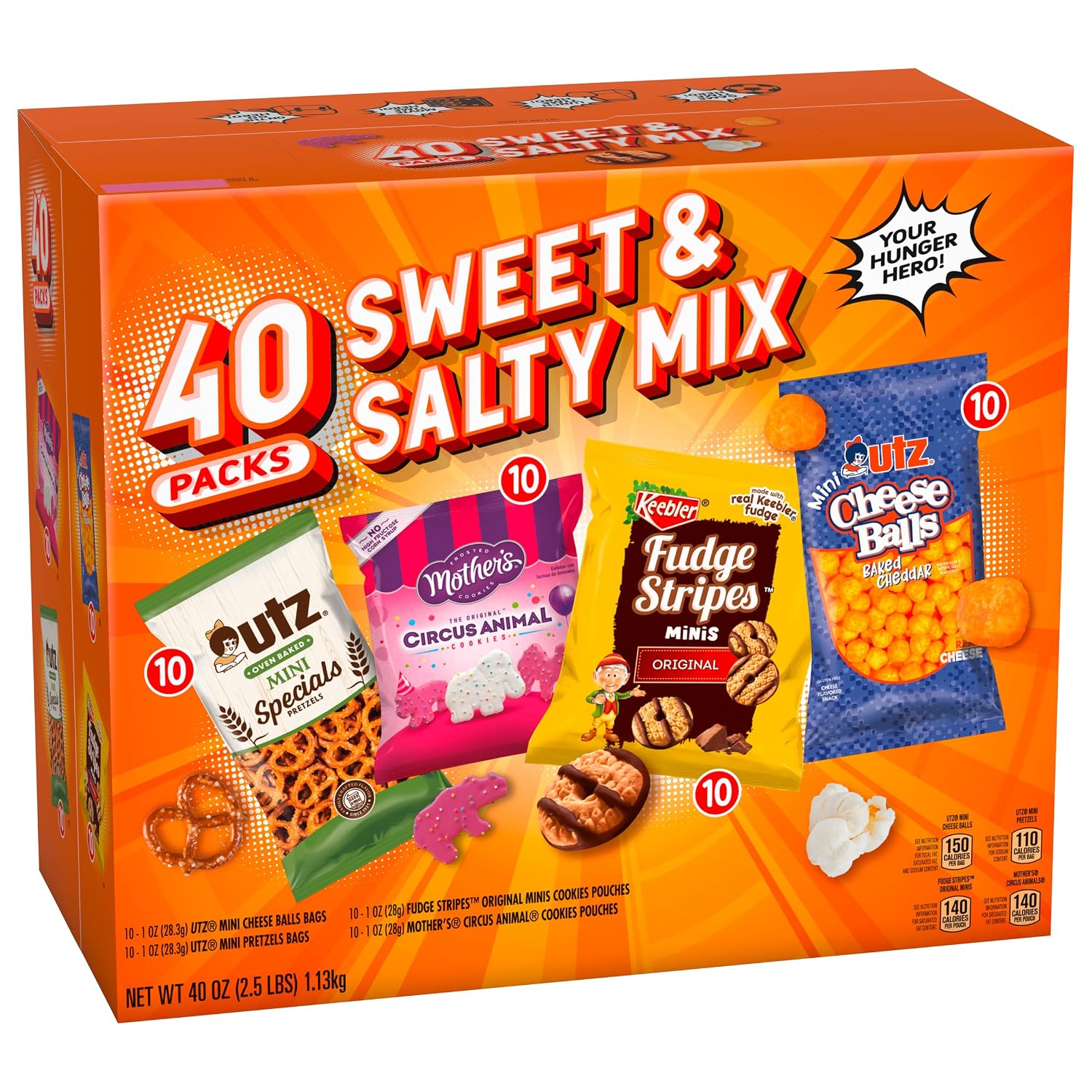 Sweet & Salty Mix Snack Box Variety Pack Individually Wrapped Snacks, 10 Keebler Fudge Stripes Minis, 10 Mother's Animal Circus Cookies, 10 Utz Cheese Balls, 10 Utz Pretzels Minis, 1 Oz. (Pack of 40)