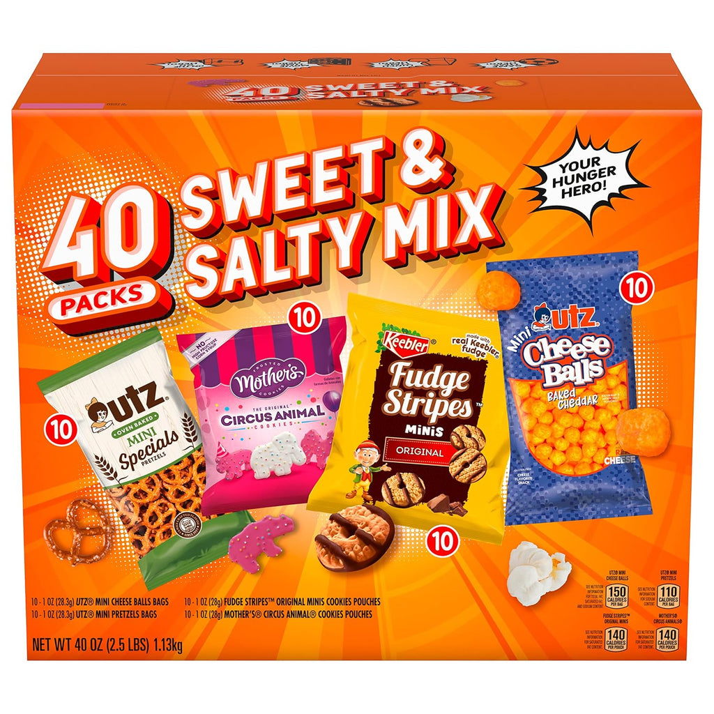 Sweet & Salty Mix Snack Box Variety Pack Individually Wrapped Snacks, 10 Keebler Fudge Stripes Minis, 10 Mother's Animal Circus Cookies, 10 Utz Cheese Balls, 10 Utz Pretzels Minis, 1 Oz. (Pack of 40)