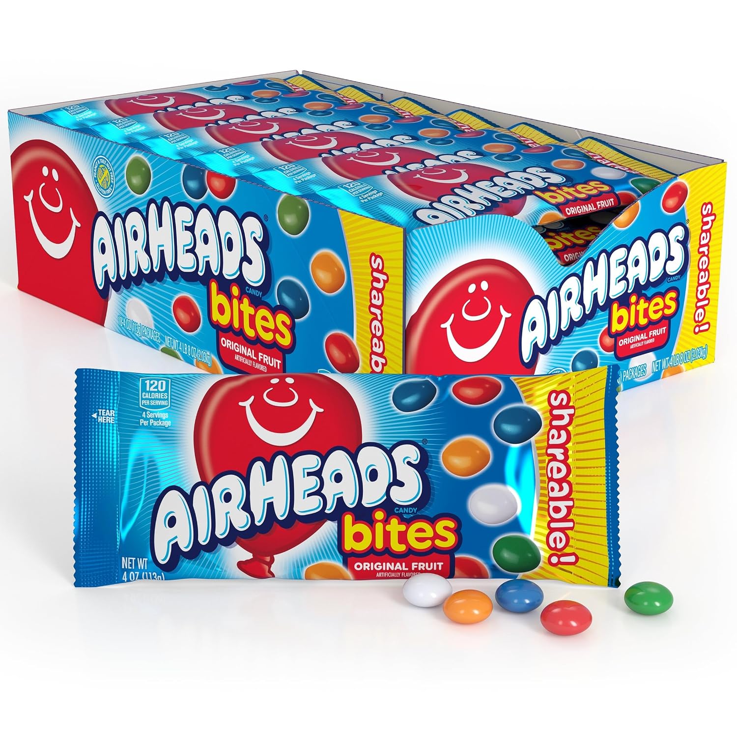 Airheads Candy Bites, Assorted Fruit Flavors, 2 Ounces (18-Pack) | Individually Wrapped Bulk Candy, Chewy Candy Bags