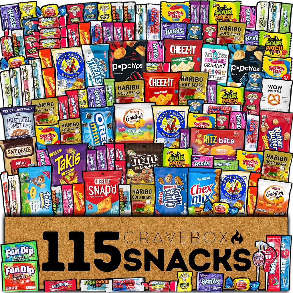 CRAVEBOX Snack and Candy Box (115 Count) Summer Variety Pack Bundle Assortment Gift Basket Adults Kids Care Package Boyfriend Birthday Office College Teen Boys Men Students Food College School